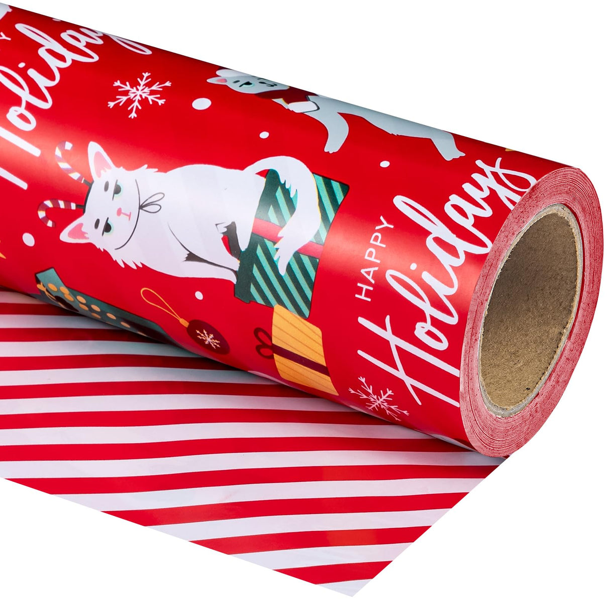 WRAPAHOLIC Reversible Cat Christmas Wrapping Paper - Mini Roll - 17 Inch x 33 Feet - Red Christmas Cat Wrapping Paper and Stripes Design for Holiday, Party Celebration WRAPAHOLIC