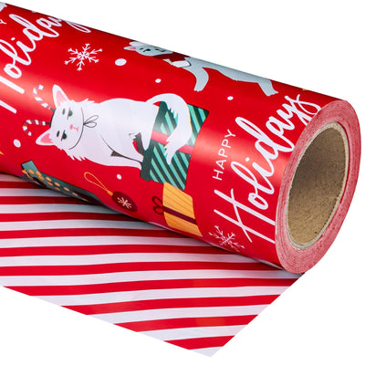 WRAPAHOLIC Reversible Cat Christmas Wrapping Paper - Mini Roll - 17 Inch x 33 Feet - Red Christmas Cat Wrapping Paper and Stripes Design for Holiday, Party Celebration