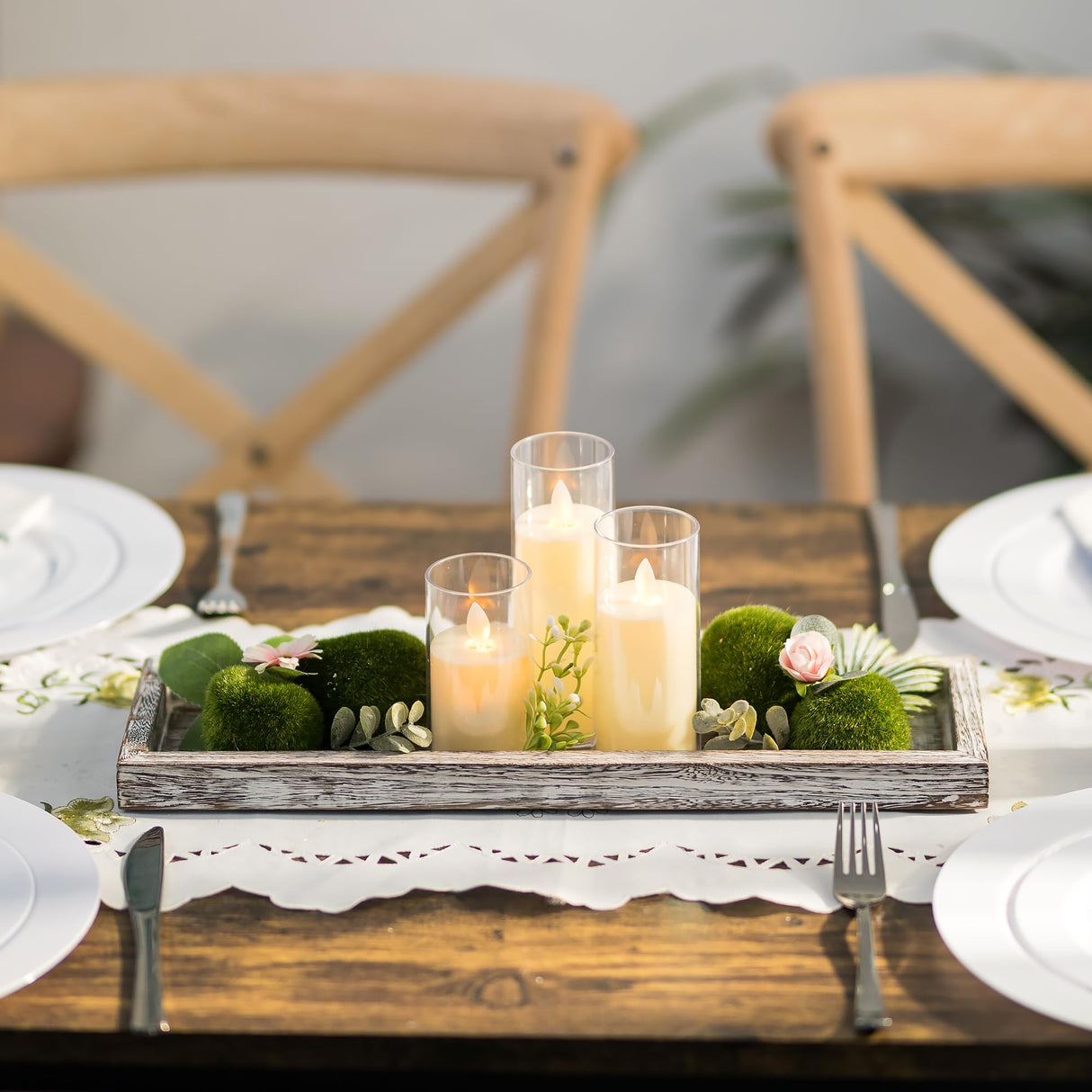 Romadedi Rustic Decorative Wood Candle Tray - 15" Wooden Long Narrow Tray Candle Holder, Farmhouse Small Trays for Coffee Table Centerpieces Dining Room Kitchen Countertop Home Decor, Whitewashed Romadedi