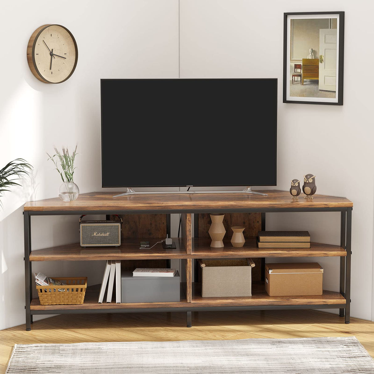 MUTUN Corner TV Stand with Power Outlet, Corner TV Stand for 32 43 50 55 60 Inch TV, Corner Entertainment Center, Industrial TV Console Table for Living Room Bedroom, 55 Inch, Rustic Brown MUTUN
