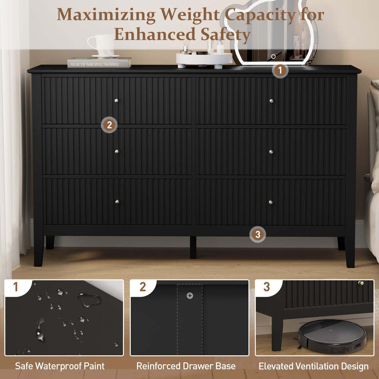 RoyalCraft Black 6 Drawer Dresser, Fluted Modern Wood Dresser, Double Chest of Drawers, Long Dresser for Bedroom TV Stand Storage Cabinet for Living Room RoyalCraft