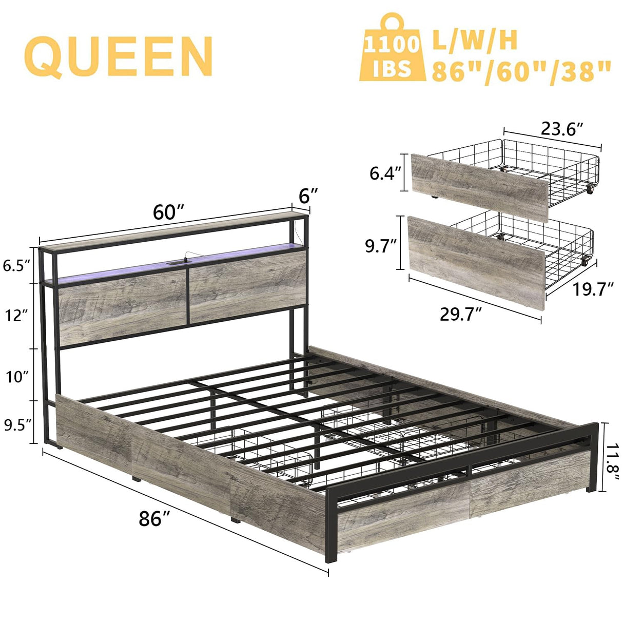 HAUSOURCE Queen Bed Frame with Storage Headboard and 4 Drawers LED Lights Metal Platform Non-Slip Without Noise Mattress Foundation Strong Metal Slats Support No Box Spring Needed,Greige HAUSOURCE