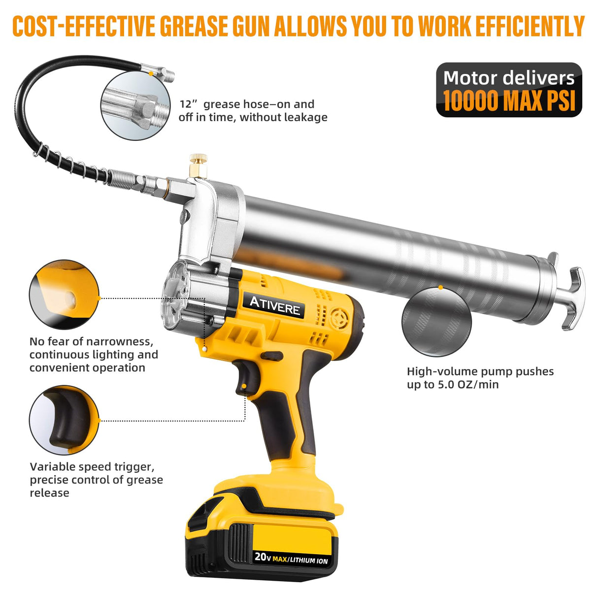 ATIVERE Lithium Battery Grease Gun Cordless for DeWalt 20V Max Battery (NO Battery) Yellow with 12” Spring Flex Hose, 10000 PSI High Pressure Quick Release Grease ATIVERE
