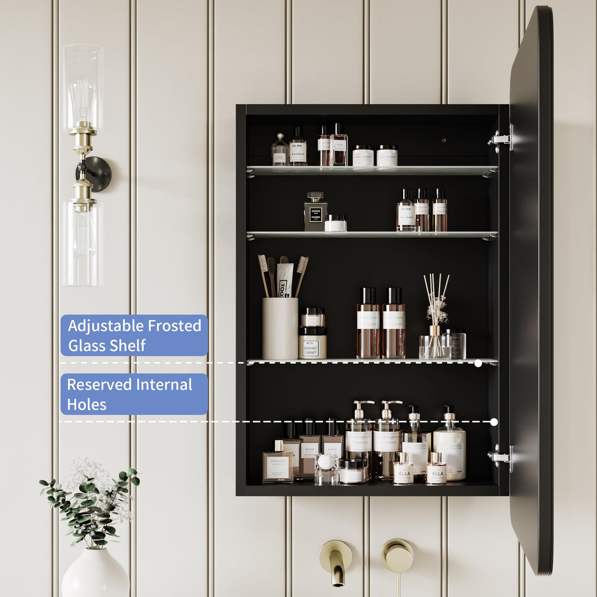 AGDULL Vintage-Style Bathroom Wood Black Cabinet with 17.5''x29'' Curved Mirror, Recessed Medicine Cabinet, Bathroom Storage Cabinet AGDULL