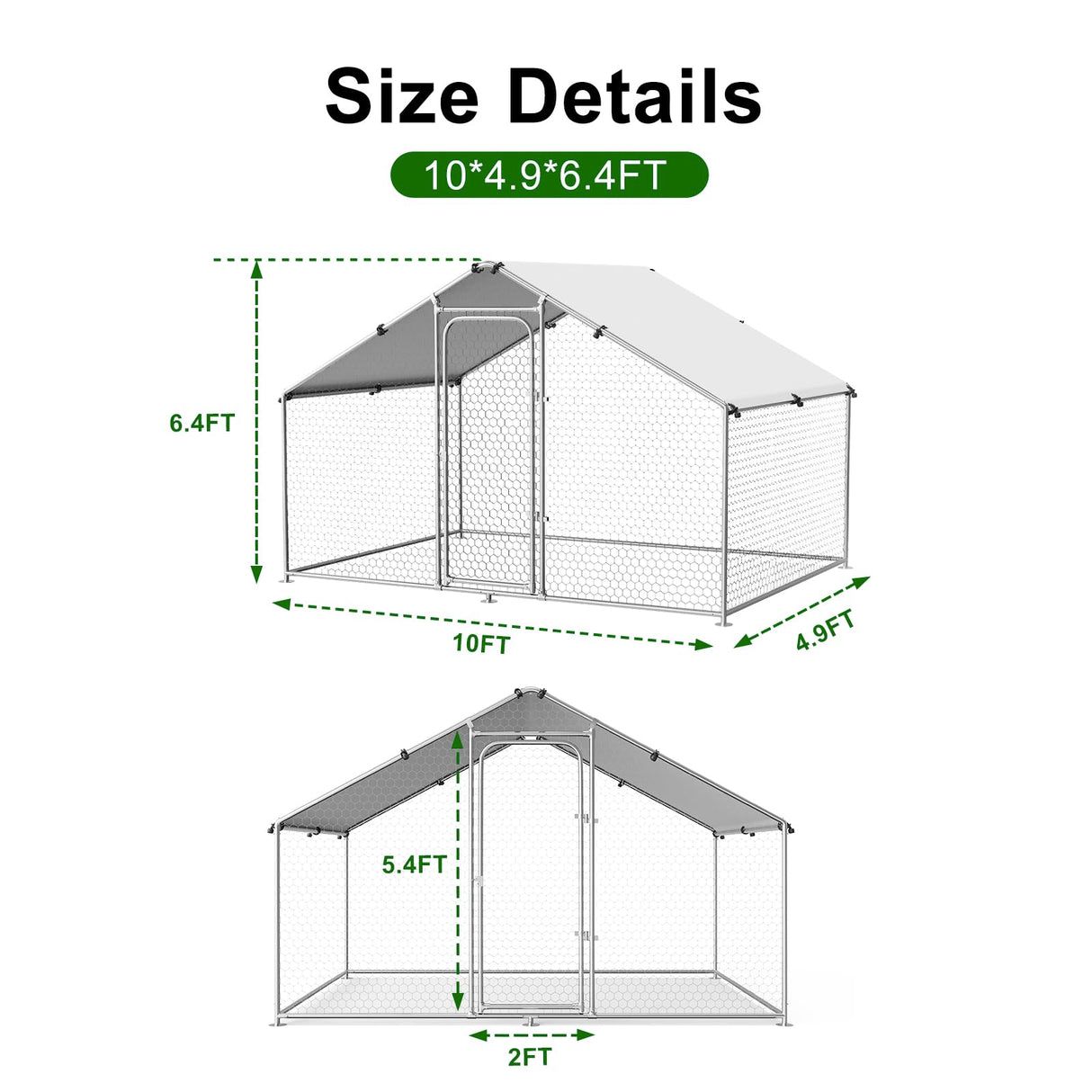 NGTEEN Large Metal Chicken Coop, Chicken Pen Walk in Chicken Run for Duck Rabbit Habitat Flat Shaped Poultry Cage with Waterproof Cover for Outdoor Farm Use, Spire Roof (10' L x 4.9' W x 6.4' H) NGTEEN