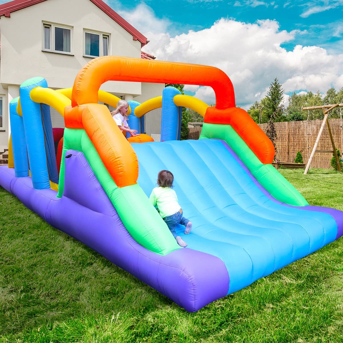 BESTPARTY Inflatable Obstacle Course Bounce House Castle with Large Slides Bounce Area and Obstacles Inflatable Bouncer House Jumper with Blower BESTPARTY
