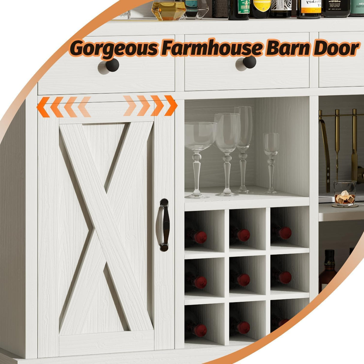 52 Inch Large Home Bar Unit with Foot Rail, 4-Tier Storage Bar Table with 3 Drawers, Farmhouse Wine Bar Cabinet with 9 Wine Rack & 2 Barn Doors, Home Bar Unit with Storage for Living Room, White 4ever2buy