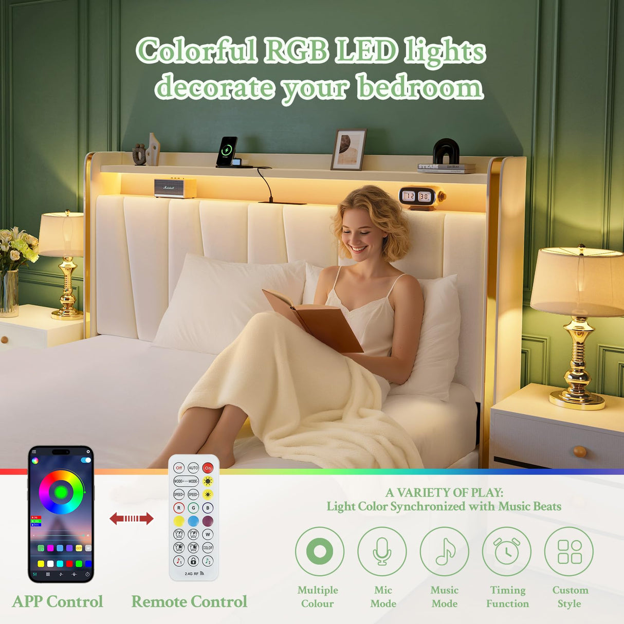 koorlian Queen Bed Frame with 4 Dustproof Drawers and 2-Tier Storage Headboard, 51”Tall Upholstered Platform Bed Frame with Adjustable Headboard, Charging Station, LED Lights, Easy Assembly, Beige koorlian