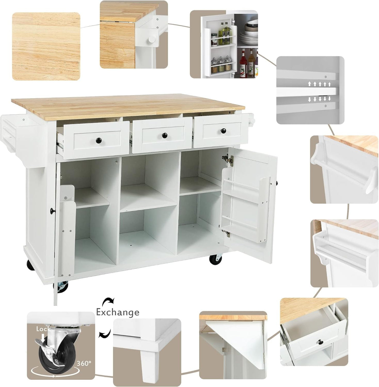 Kitchen Cart with Rubber Wood Drop, Leaf Countertop, Kitchen Island on 5 Wheels with Storage Cabinet and 3 Drawers for Dinning Room (White-53.1IN) WoodArtSupply