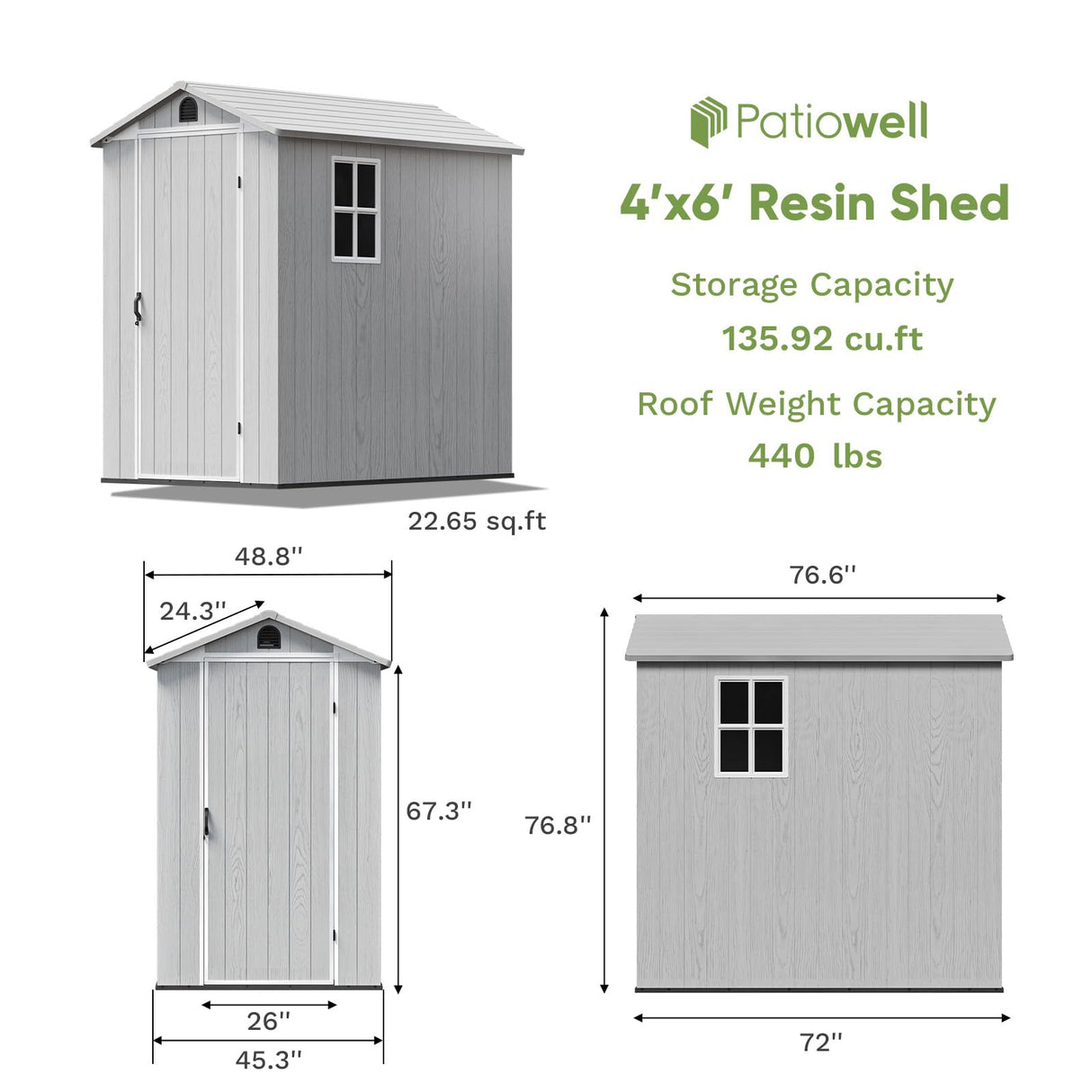 Patiowell 4' x 6' Outdoor Storage Shed with Floor, Plastic Shed Outside Resin Tool Shed with Window and Lockable Door for Backyard Garden Patio Lawn, White (Fit-it Shed) Patiowell