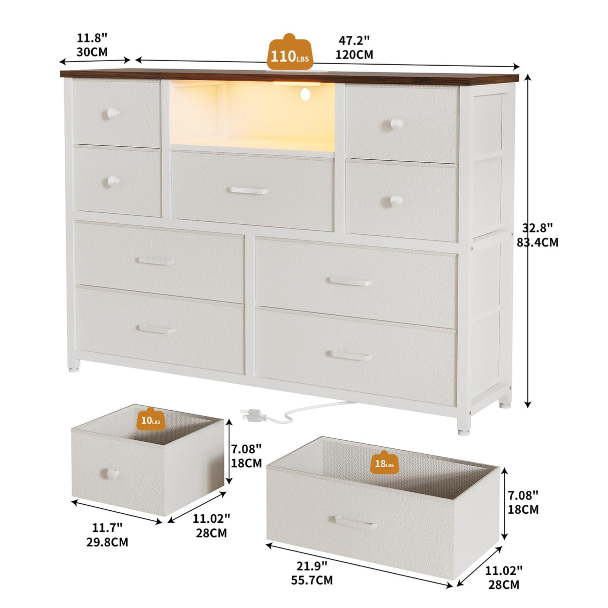 Dresser for Bedroom with 9 Drawers, White Storage Organizer TV Stand for 55" TV with LED Lights and Sockets, Fabric Chest of Drawers with PU Finish for Kid Room, Entryway, Living Room, Hallway LIWEIJIA