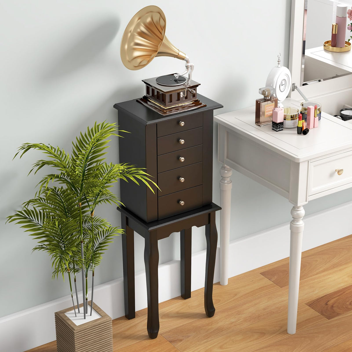 Giantex Jewelry Cabinet Armoire Chest with 4 Drawers, Flip Top Mirror, Top Storage Compartments, 2 Side Doors with 8 Necklace Hooks, 2 Shelves, Black Standing Jewelry Organizer Box for Girls Gift Giantex