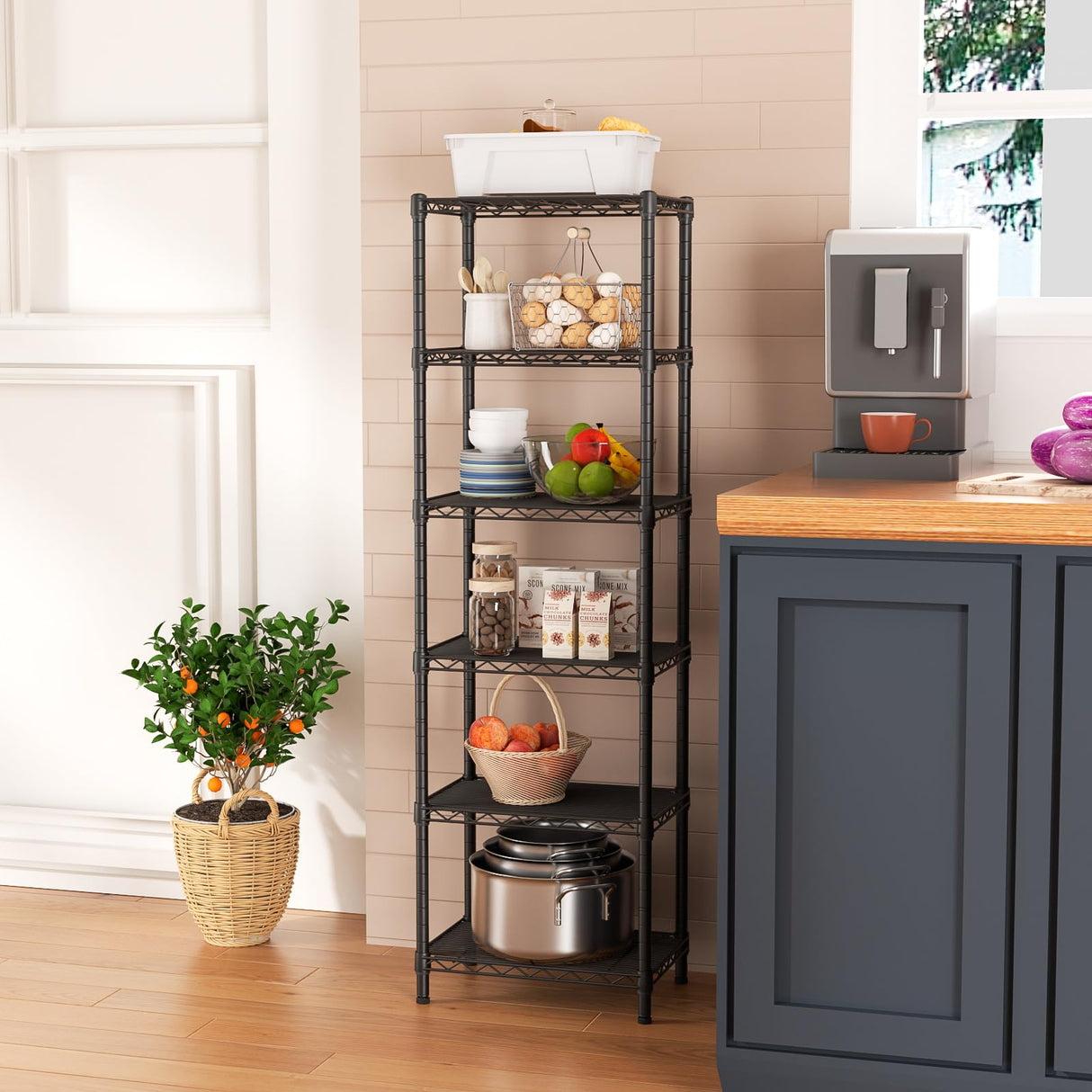 Golpart 6 Tier Adjustable Storage Shelves Narrow Mesh Gaps Metal Utility Shelf Wire Shelving Unit Organizer Rack for Home Kitchen Office Bathroom Pantry Room10 D x 16" W x 60" H Black Golpart