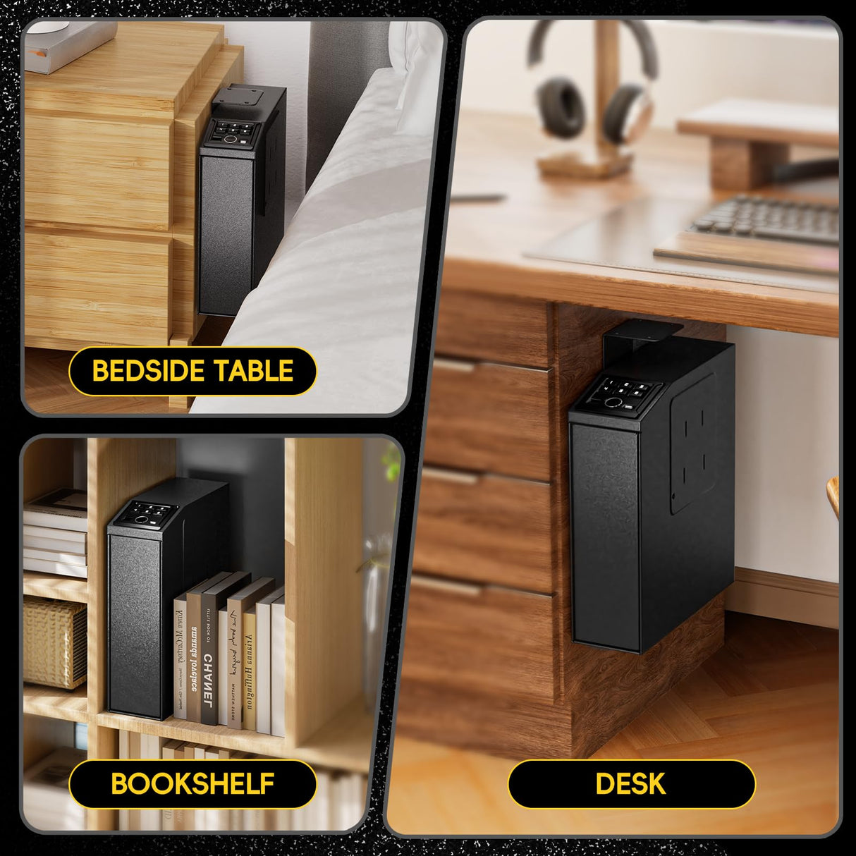 Mounted Biometric Gun Safe for Handgun, Nightstand Quick Access Pistol Safe with Auto Sliding Door for Car, Truck, Desk, Bedside, Slider Gun Lock Box with Security Fingerprint, Key Access, PIN Code HolaDream