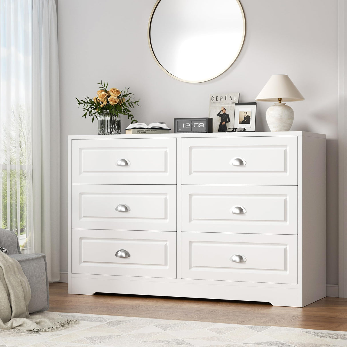 Shintenchi Dresser for Bedroom with 6 Drawers,Double Dresser & Chest of Drawers Wooden Organizer with Metal Handle, Storage TV Stand for Living Room,White Shintenchi