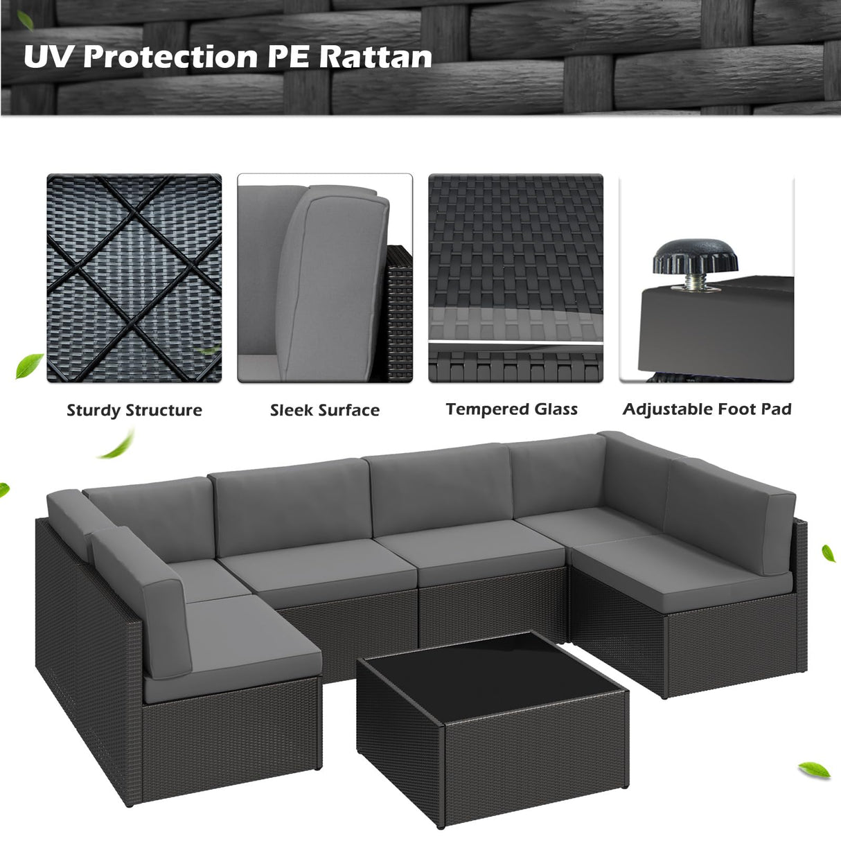 U-MAX 7 Piece Outdoor Patio Furniture Set with 30 Inch Fire Pit Table, PE Rattan Wicker Sofa Set, Outdoor Sectional Furniture Chair Set with Cushions and Tea Table, Black Rattan&Dark Grey Cushion U-MAX