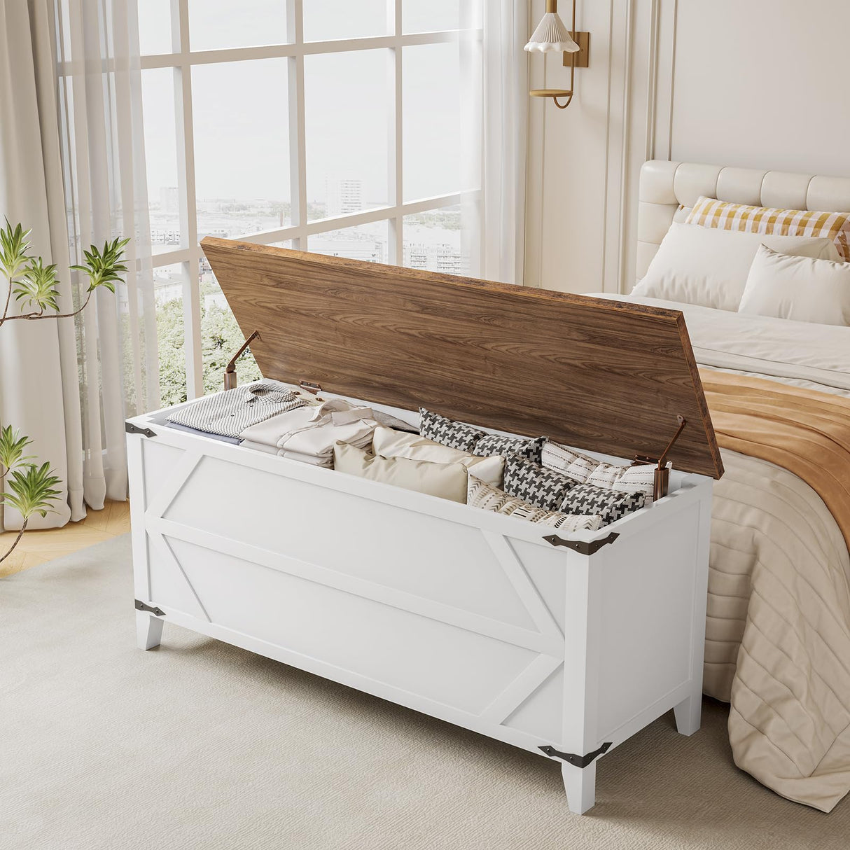 HOOBRO 47.2" Toy Box, Storage Chest with Safety Hinges, Toy Chest Storage, Wooden Storage Bench for Bedroom, Living Room, White and Walnut WH16CW01 HOOBRO