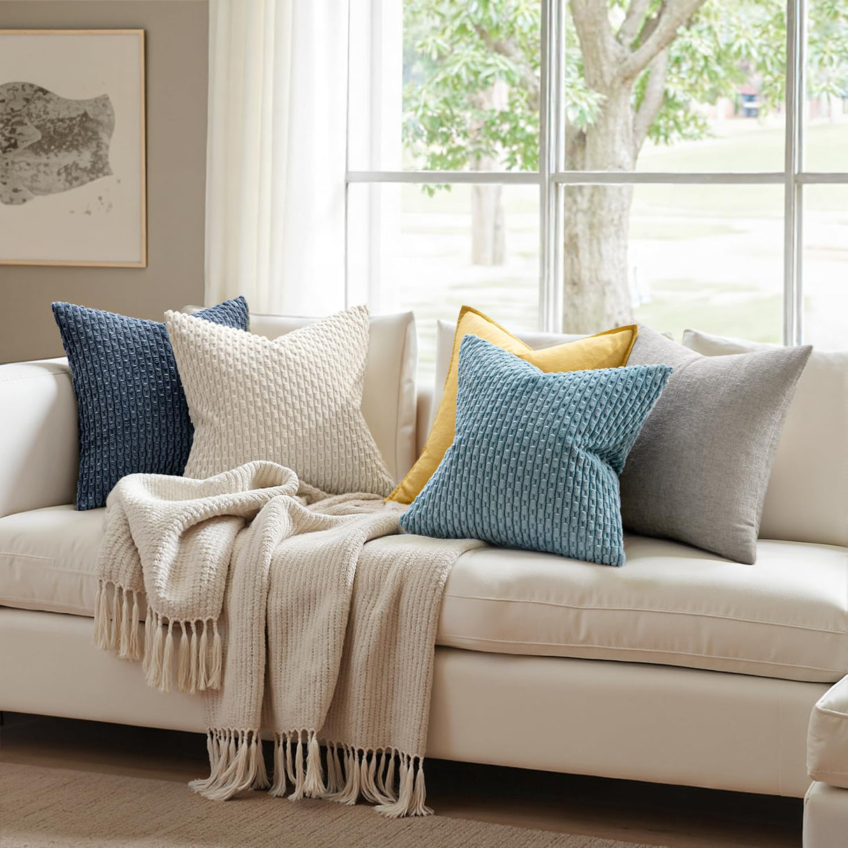 MIULEE Pack of 2 Decorative Throw Pillow Covers 18x18 Inch Soft Boho Striped Textured Corduroy Pillow Covers Modern Farmhouse Home Decor for Couch Bed Sofa Living Room Cream White MIULEE