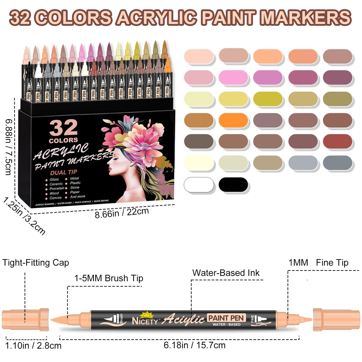 NICETY 32 Acrylic Paint Markers Paint Pens Skin Tone Series Set Brush Tip & Fine Tip for Rock Painting, Wood, Canvas, Glass, Mugs, Metal, DIY Projects(Skin) NICETY