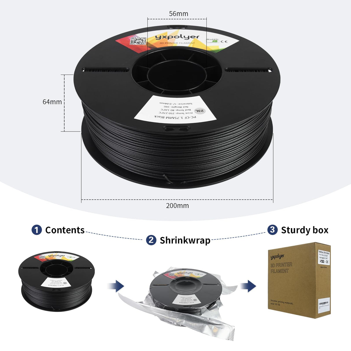 YXPOLYER Carbon Fiber PC Filament Tough Carbon Fiber Polycarbonate 1.75mm PC-CF 3D Printer Filament 1kg/2.2lb, Excellent Strength, Rigidity and Heat Resistance 3D Engineering Material Filament, Black yxpolyer