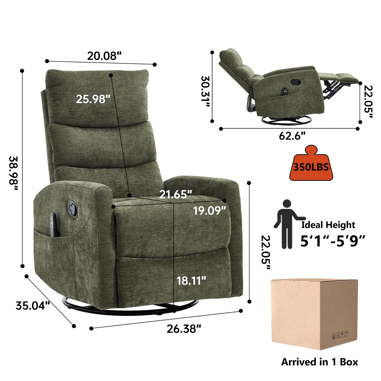 PELUMY Manual Recliner Chair with Heat & Vibration Massage, 360° Swivel Rocker Recliner with 155° Recline and Lumbar Heat, Compact Recliner for Living Room & Small Spaces (Chenille, Green) PELUMY