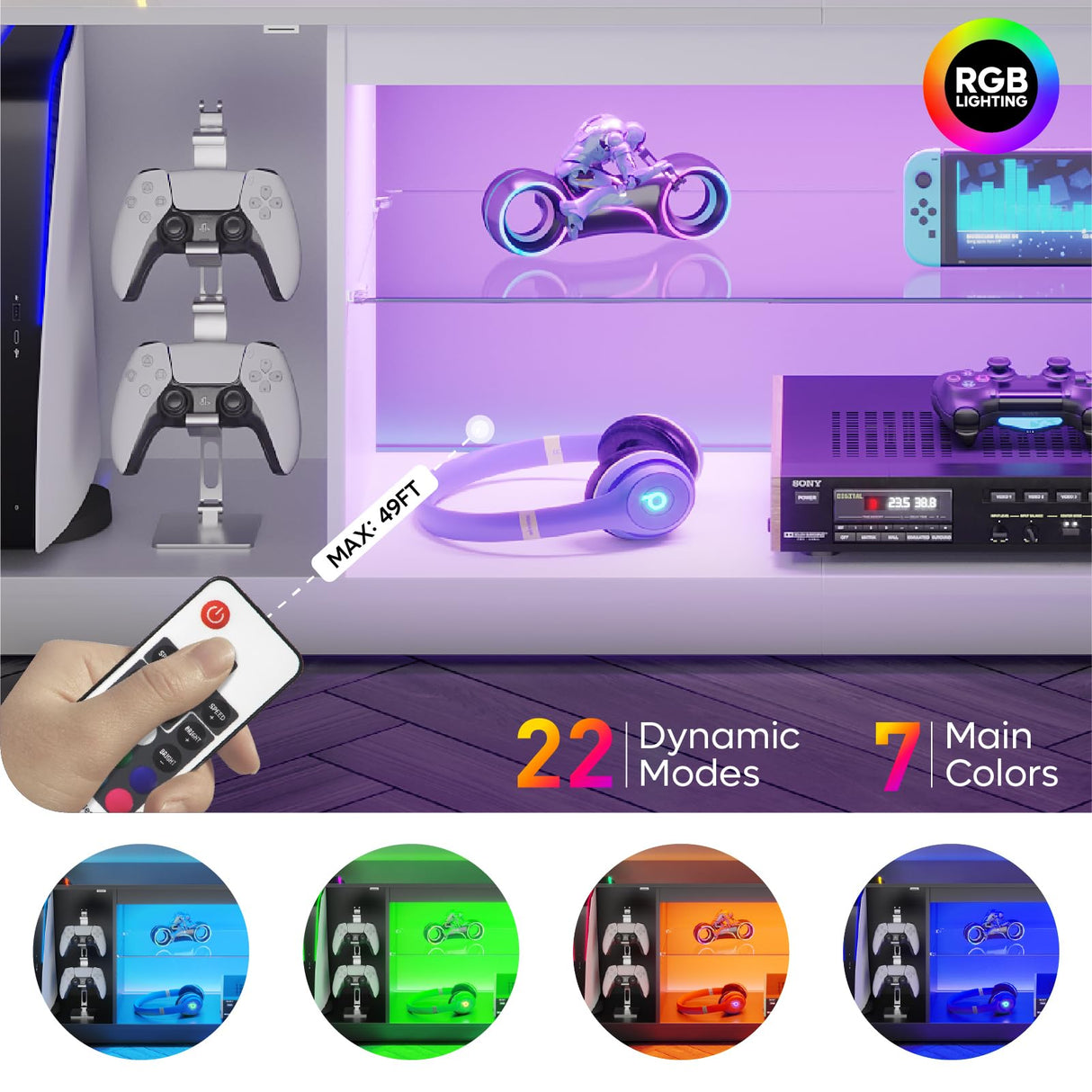 Bestier LED TV Stand for 55/60/65 Inch TV, Gaming Entertainment Center with Cabinet for PS5, Xbox, Fluted TV Console with Adjustable Glass Shelves for Living Room, Bedroom 57 Inch,Bright White Bestier