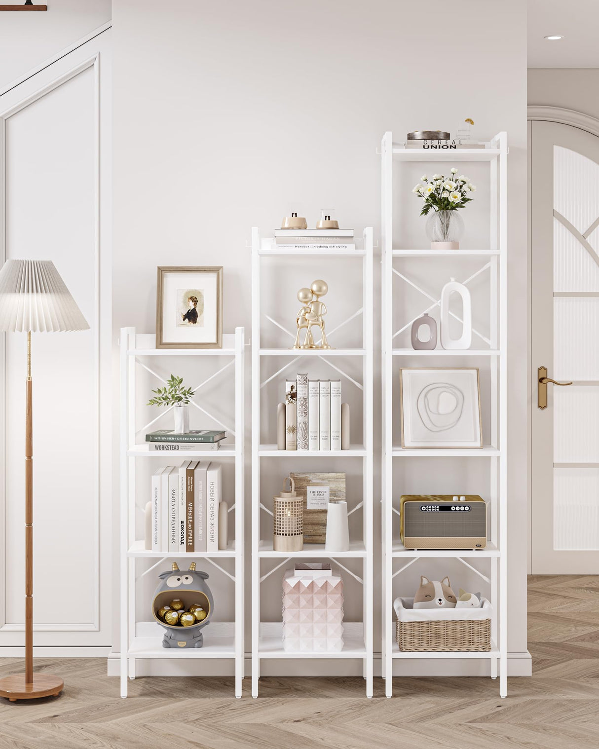 Hzuaneri Bookshelf, Book Shelf, Industrial Bookcase with 2 Hooks, Coner Shelf Storage Organizer for Home Office, Living Room, Bedroom, Kitchen, 5-Tier White BC10513W Hzuaneri