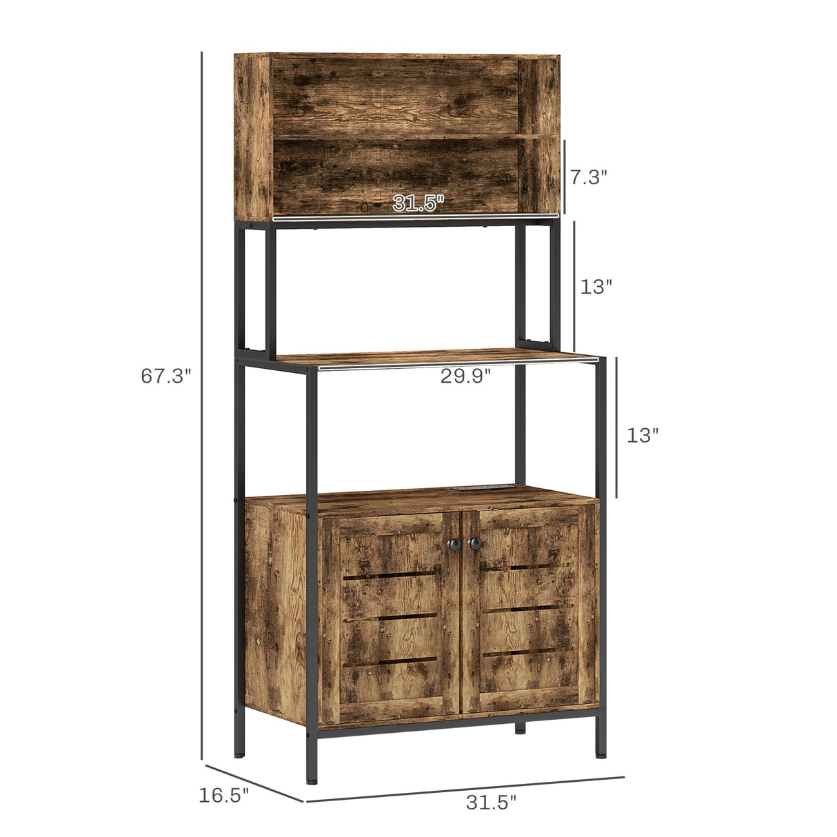 HOMCOM Kitchen Bakers Rack with Power Outlet, Coffee Bar Cabinet with Storage Shelves, Microwave Stand with Louvred Door Cabinets, Rustic Brown HOMCOM