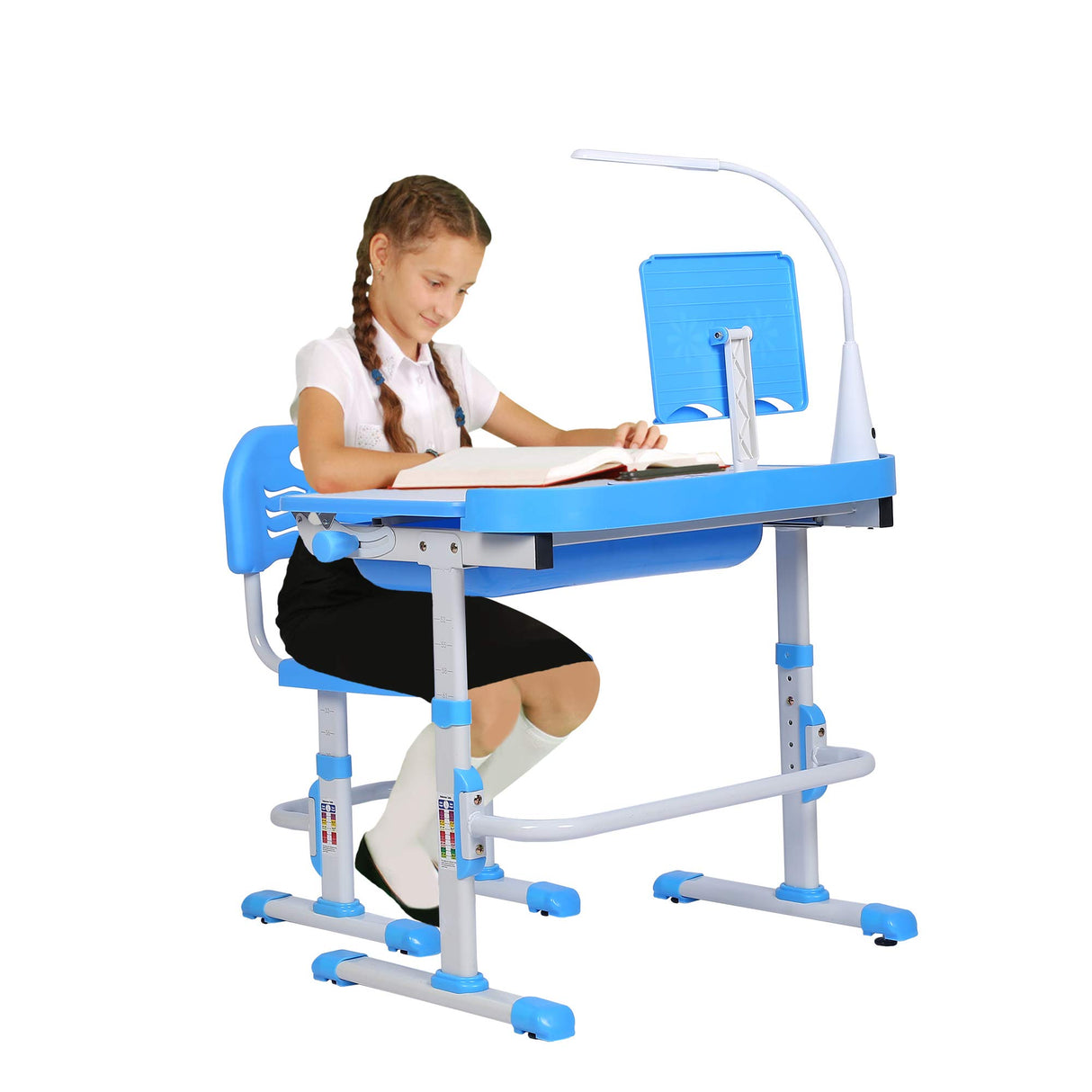 SMAGREHO Kids Desk and Chair Set, Height Adjustable Child's School Study Writing Tables with Tilt Desktop, LED Light, Storage Drawer, Book Stand (Blue) SMAGREHO