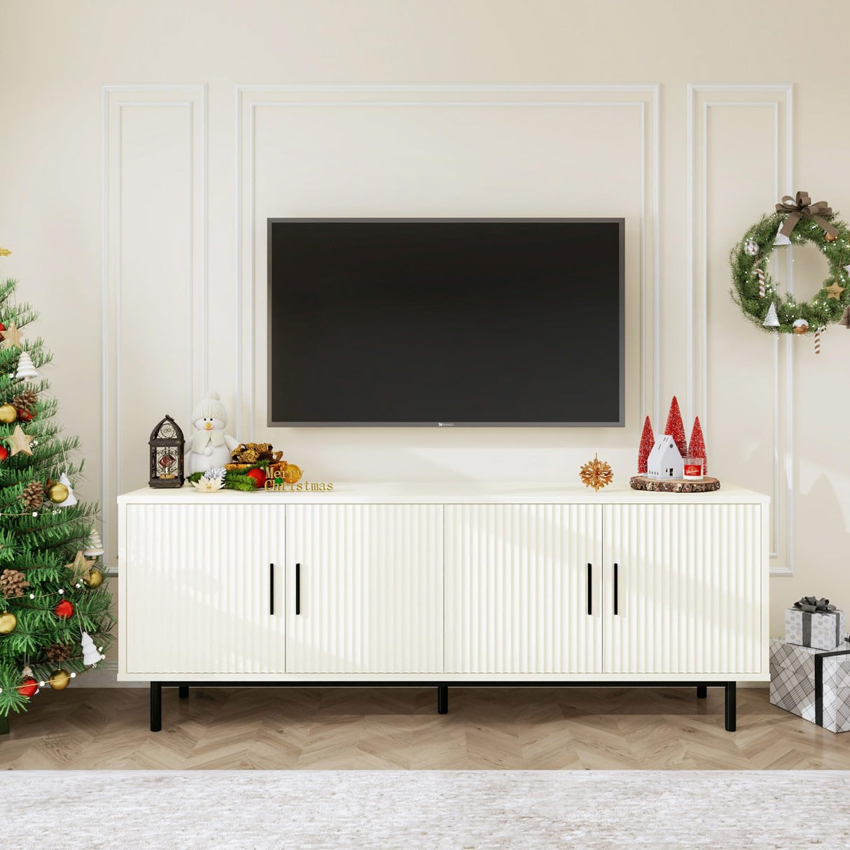 MUUEGM 70" Fluted TV Stand, Mid Century Modern Television Stands for Living Room, Wood TV Console for Televisions Up to 80 Inches, Entertainment Center with Storage, Adjustable Shelf, White TV Stands MUUEGM