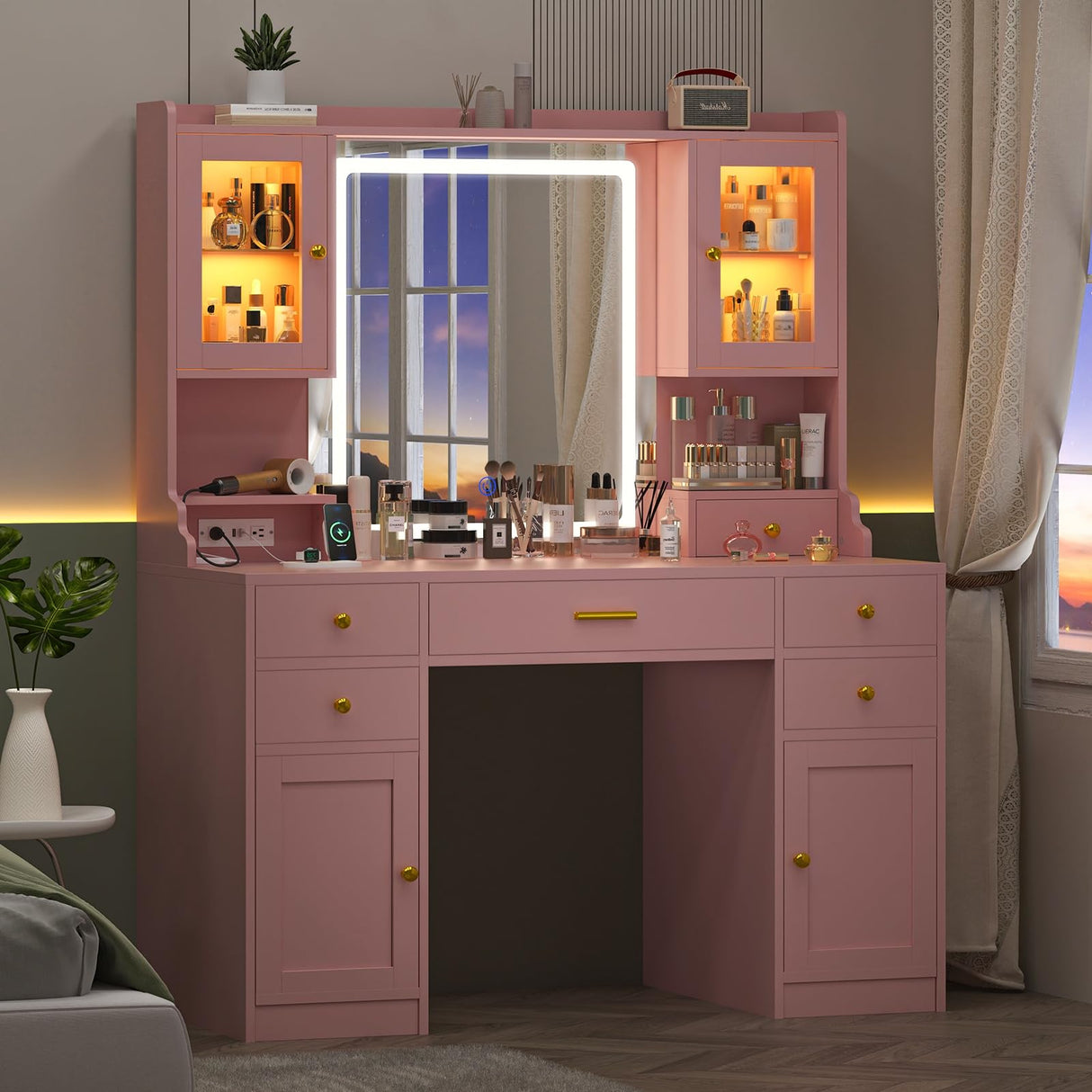 Vanity Desk with Mirror and Lights, Makeup Vanity Table with Power Outlet, Dressing Vanity Table Set with 6 Drawers & 4 Cabinets, 3 Color Modes & Brightness Adjusted, for Bedroom Room, Pink Aiguazi