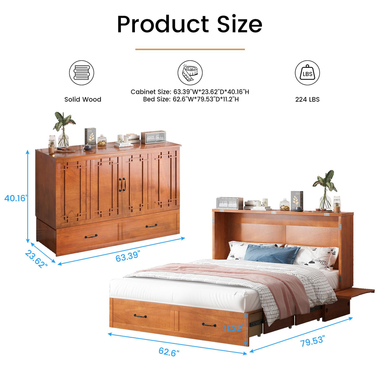 PUREMIND Queen Murphy Bed Cabinet with Mattress Included, Cabinet Beds with 2 Storage Drawers, Murphy Chest Bed with USB Charging Station, Horizontal Murphys Wallbed for Bedroom, Guest Room PUREMIND