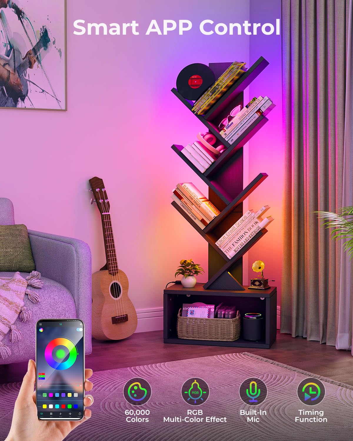 Evermagin 6 Tier Tree Bookshelf with LED Light, Vertical Bookcase Tower with Remote App Control, Music Sync Color Changing Floor Standing Book Shelf, Black Evermagin