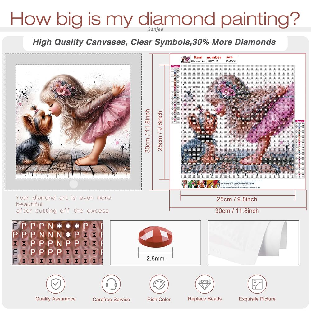 Sanjee Diamond Art Kits for Adults, Diamond Painting Kits Girl Kissing Dog for Adults, 5D DIY Round Full Drill Gem Art Crafts for Home Wall Decor Gift, 12x12inch Sanjee