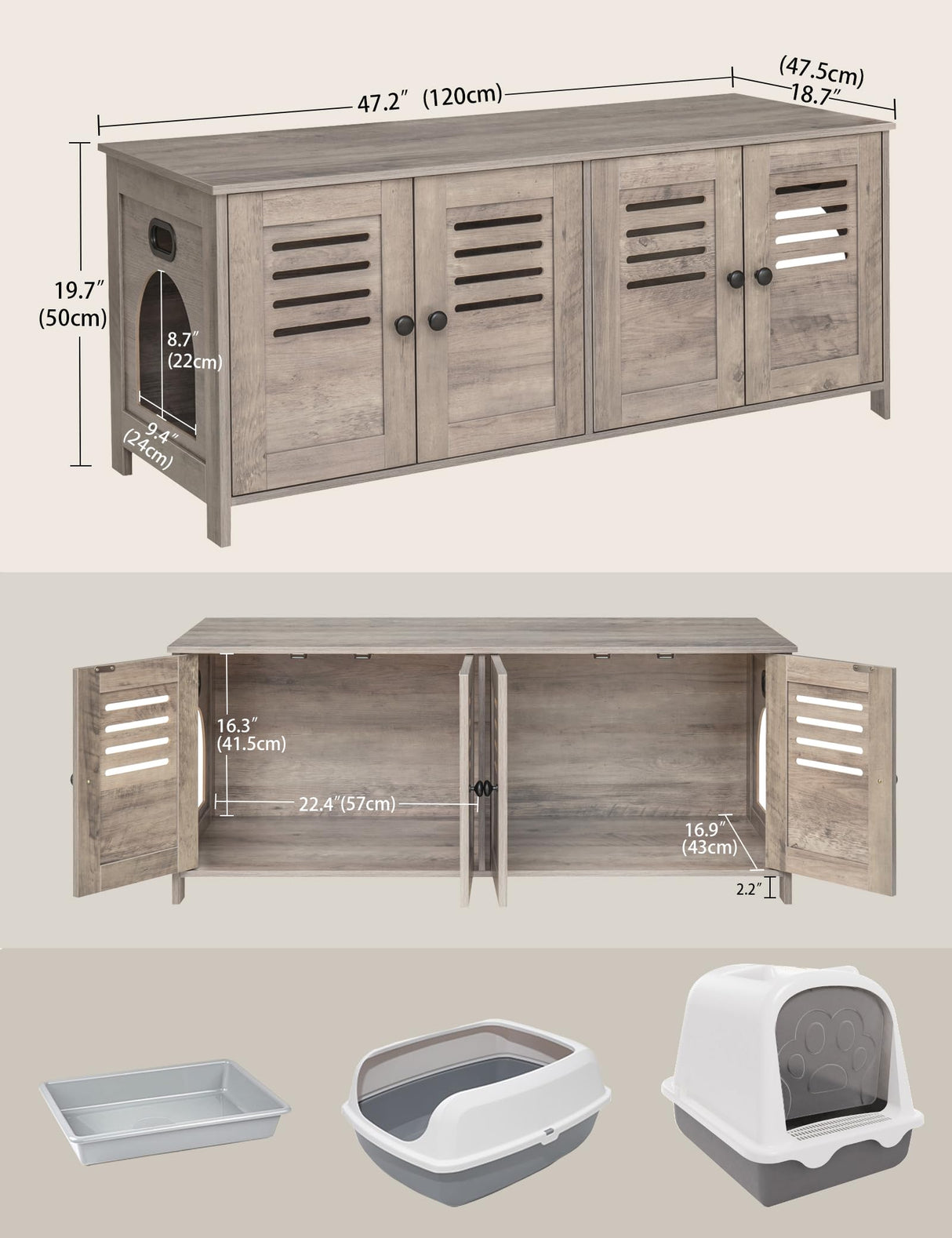 DINZI LVJ Litter Box Enclosure for 2 Cats, Hidden Litter Box Furniture with Double Rooms, Dual Cat Litter House, Front Doors, 47.2" Wooden Hidden Cat Washroom, Side End Table, TV Stand, Greige DINZI LVJ