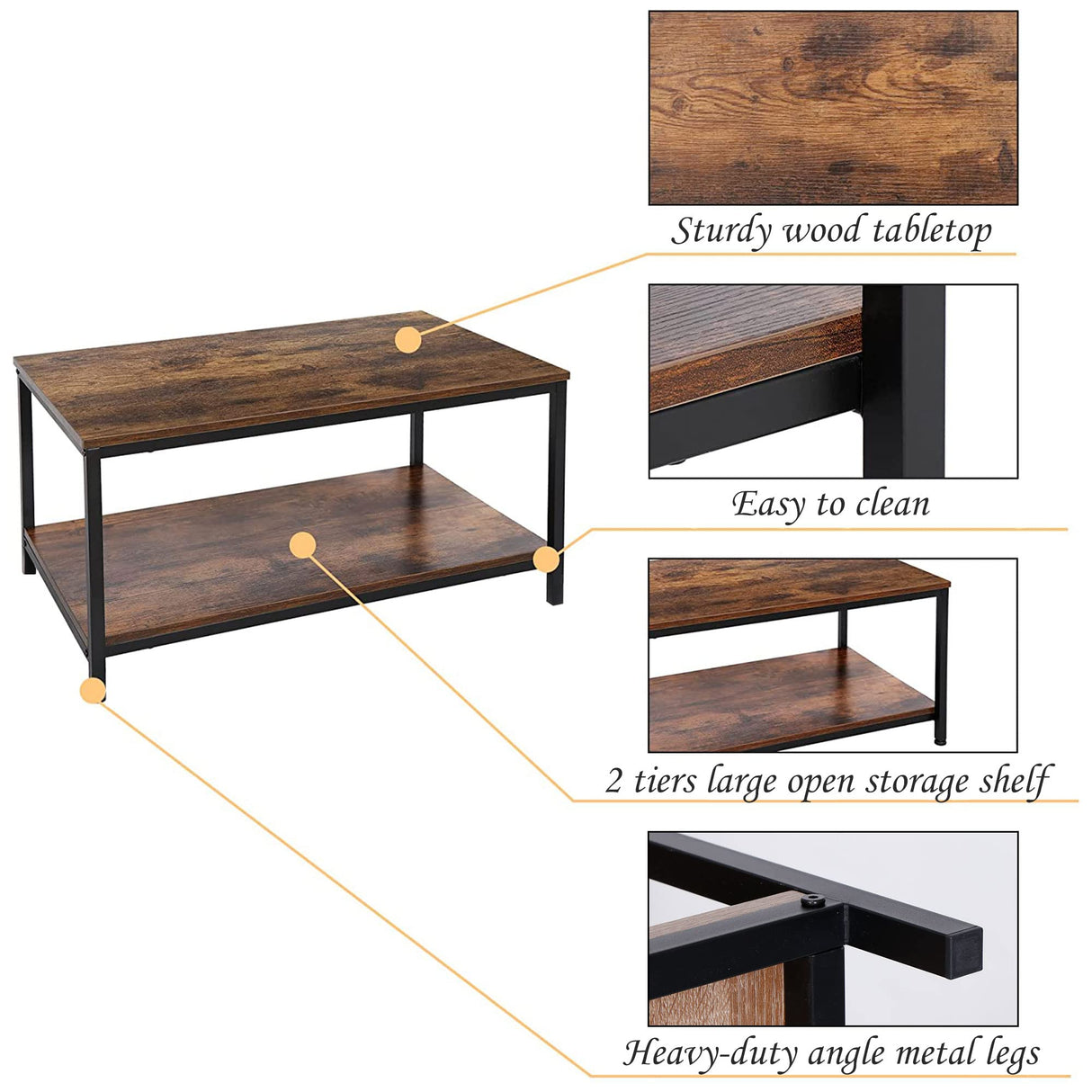 SUPER DEAL 2-Tier Industrial Coffee Table with Storage Shelf for Small Apartment Living Room, Rectangle Wood and Stable Metal TV Stand Side End Table, Rustic Brown SUPER DEAL