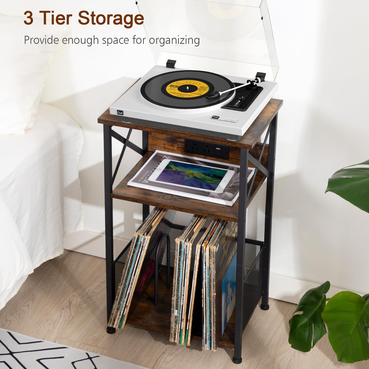 AMHANCIBLE Record Player Stand with Charging Station, Turntable Stand with Storage Cabinet, 3 Tier End Table Hold Up to 200 Albums, Record Stand for Vinyl, Living Room, Rustic Brown, HETCD01BR-1 AMHANCIBLE