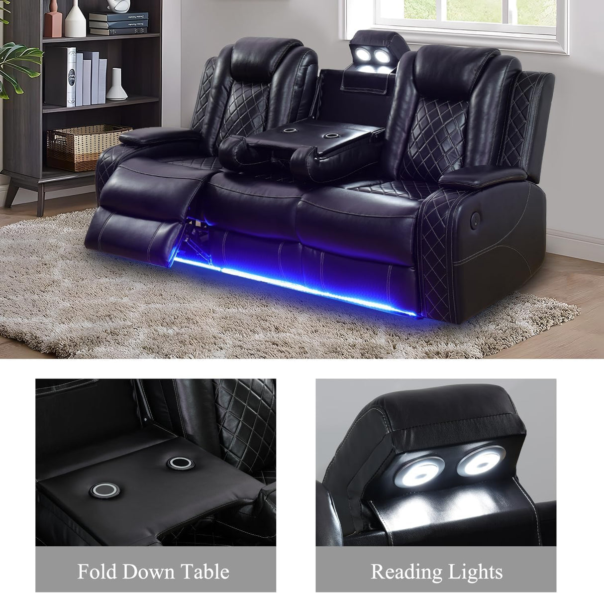 Power Recliner Sofa Set with LED, Leather Reclining Sofa Set, Living Room Furniture Set with USB Charging (Black Standard Version Total of 2 Cup Holders) Pon Living Furniture Inc