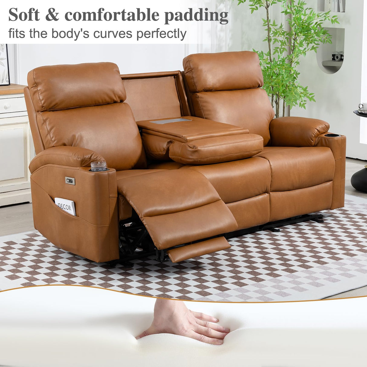 B BAIJIAWEI Power Reclining Sofa - 3 Seater Recliner Sofás, PU Leather Recliner Sofa, Home Theater Seating with Flipped Middle Backrest, Power Recliner Couch for Living Room(Brown) B BAIJIAWEI