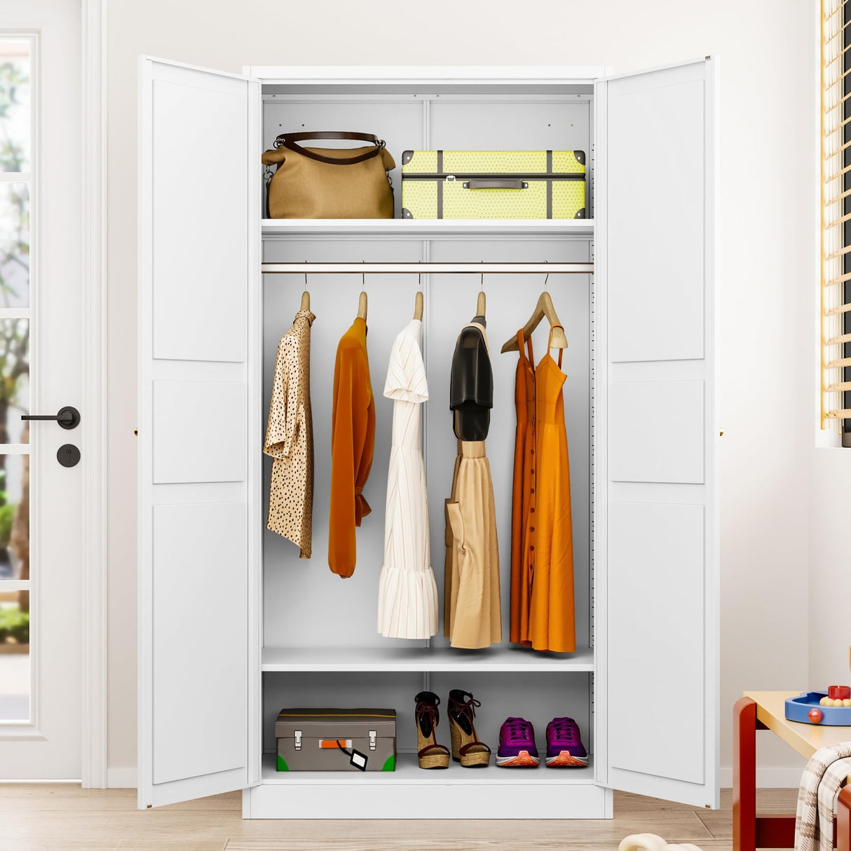 Metal Wardrobe Cabinet with Hanging Rod,White Armoire Wardrobe Closet,Metal Clothing Storage Cabinet with Adjustable Shelves and Doors,72" Wardrobe Storage Cabinet for Home,Living/Laundry Room SISESOL