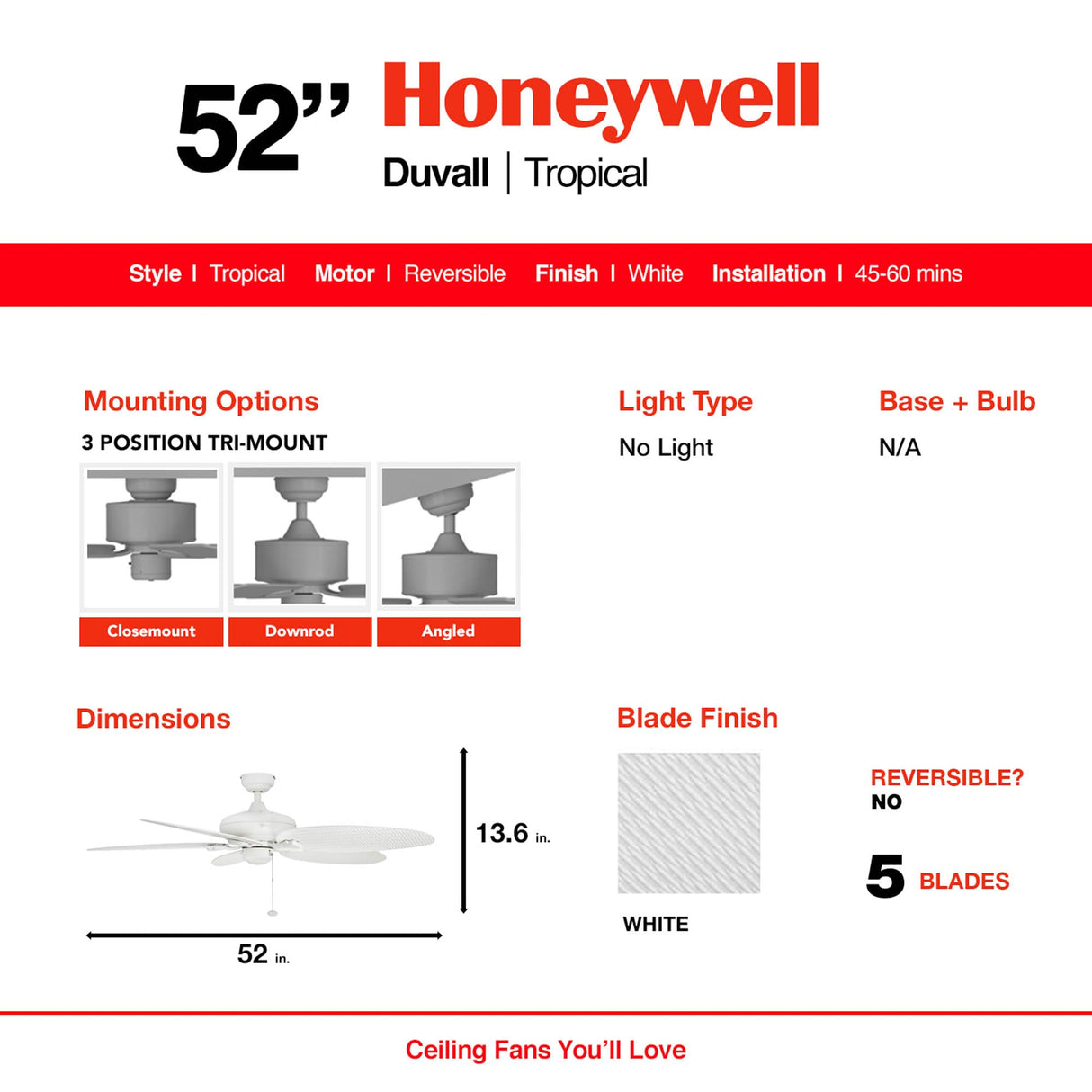 Honeywell Ceiling Fans Duval 52 Inch Ceiling Fan, Quick 2 Hang Indoor/Outdoor Ceiling Fan with Pull Chain, Tri-Mount 5 Blade Tropical Design, ETL Damp Rated, White (50206-01) Honeywell Ceiling Fans