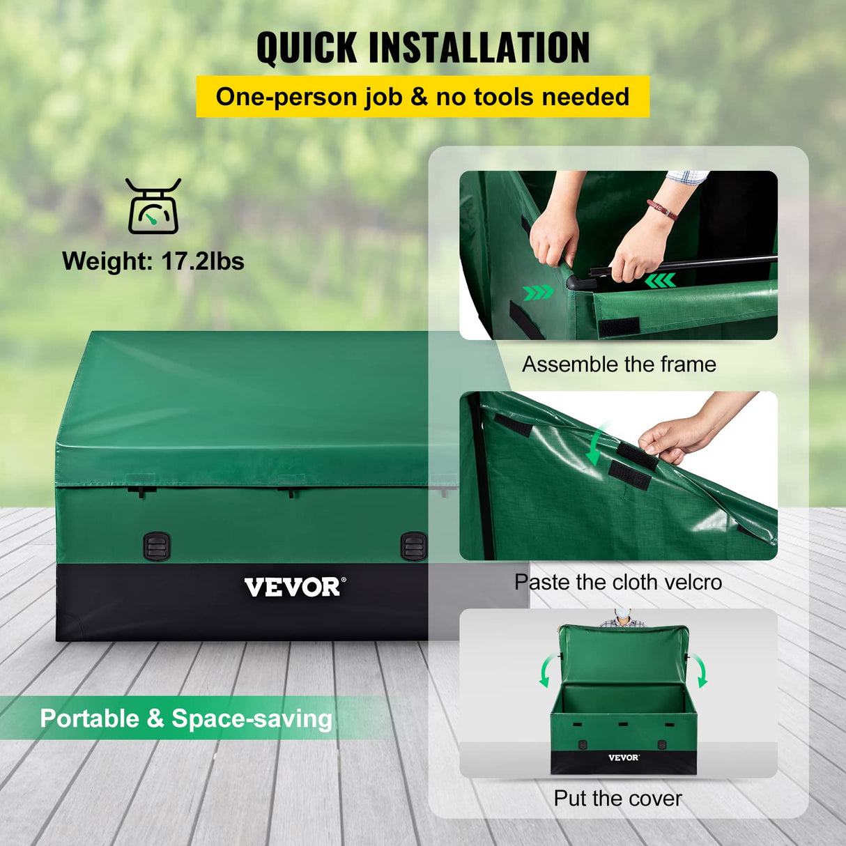 VEVOR Outdoor Storage Box, 230 Gallon Waterproof PE Tarpaulin Deck Box w/Galvanized Frame, All-Weather Protection & Portable, for Camping, Garden, Poolside, and Yard, Black & Green VEVOR