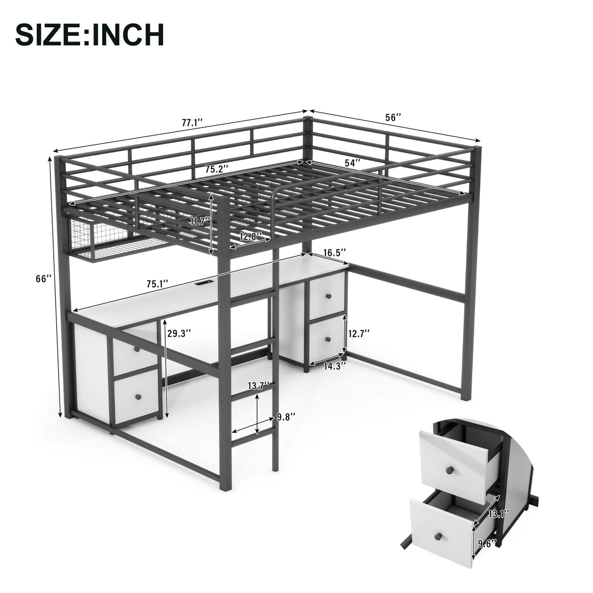 Ziraukon Full Size Loft Bed with Desk, Metal Loft Bed with 4 Drawers and Bedside Tray, Full Loft Bed Frame with Charging Station, USB and Socket, Black Ziraukon
