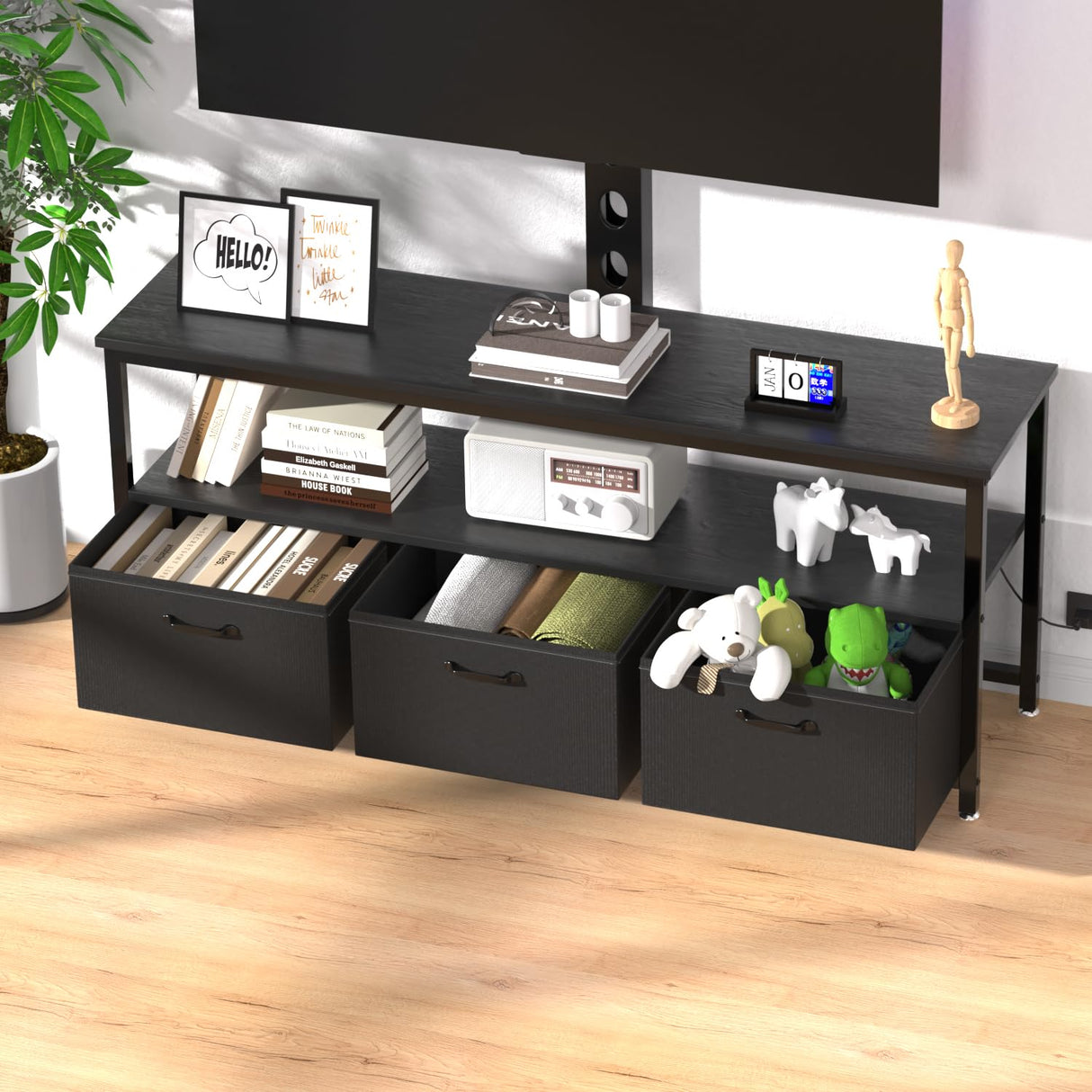 TV Stand with Mount and Power Outlet, Swivel TV Stands Mount with LED Lights for 32/45/55/60/65 inch TVs, Tall Entertainment Center with Storage, Media Console Cabinet for Living Room, Bedroom, Black MJOMKN