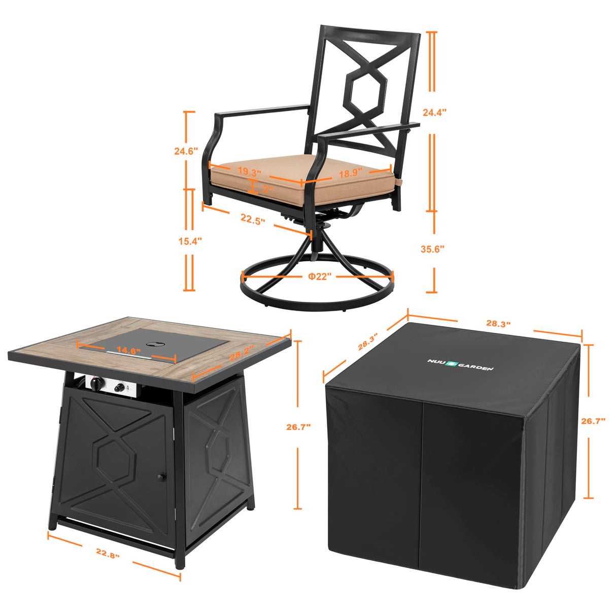 NUU GARDEN 5-Piece Patio Furniture Set with Fire Pit Table, 28'' 50,000 BTU Propane Gas Cabinet Fire Pit Table with Cover and 4 Dining Swivel Chairs with Padded Cushions, Black and Beige NUU GARDEN