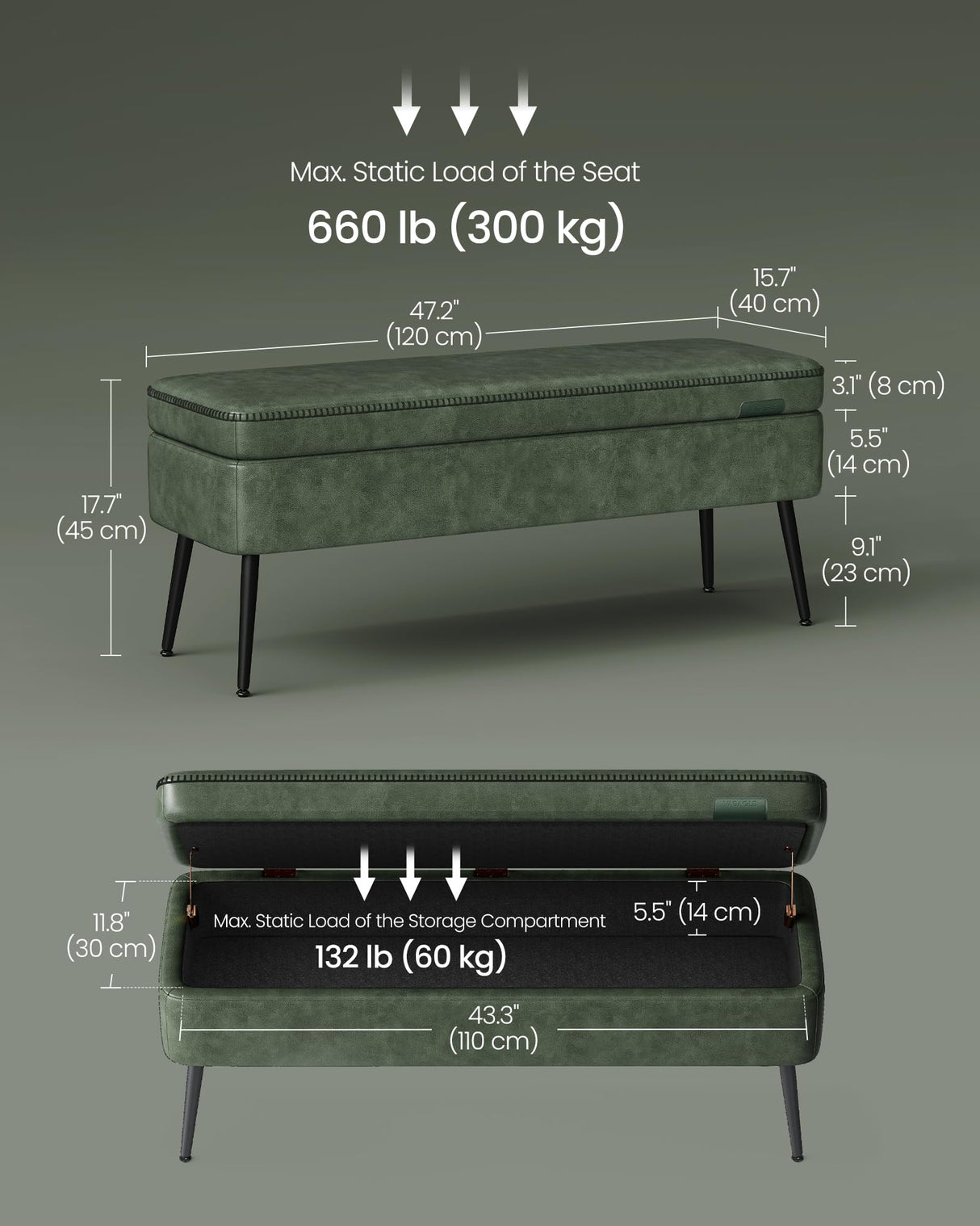 VASAGLE EKHO Collection - Storage Ottoman Bench, Entryway Bedroom Bench, 15 Gallons, Synthetic Leather with Stitching, Mid-Century Modern, Safety Hinges, Loads 660 lb, Forest Green ULOM074C01 VASAGLE
