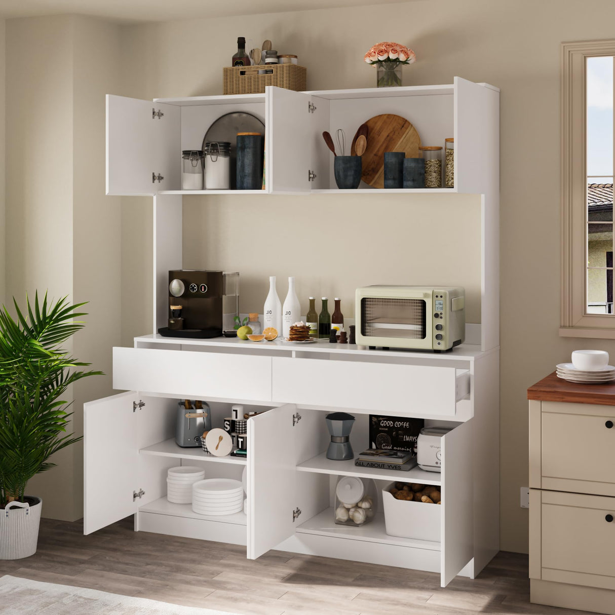 71" Kitchen Pantry Cabinet, Kitchen Hutch with Microwave Stand, Buffet Cabinet with Large Storage Drawers for Dining Room (White) Bobve