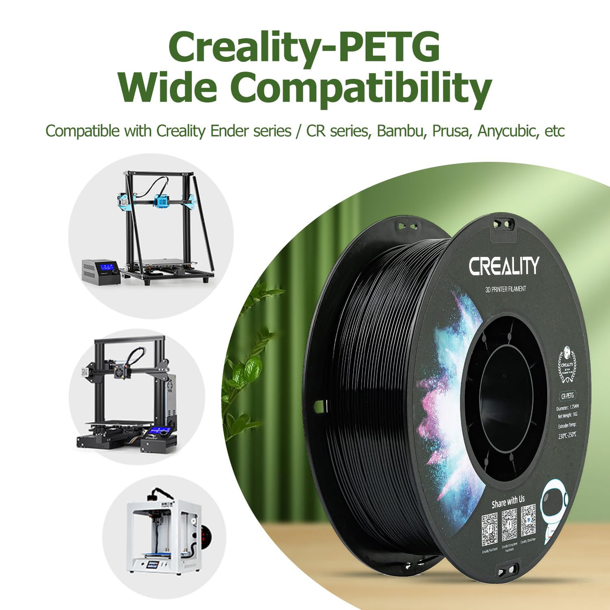 Official Creality PETG 3D Printer Filament 1.75mm 1KG (2.2lbs), High Precision Strong Toughness, Odorless Better Flow Moistureproof 3D Printing Ender Filament (Black) YOOPAI