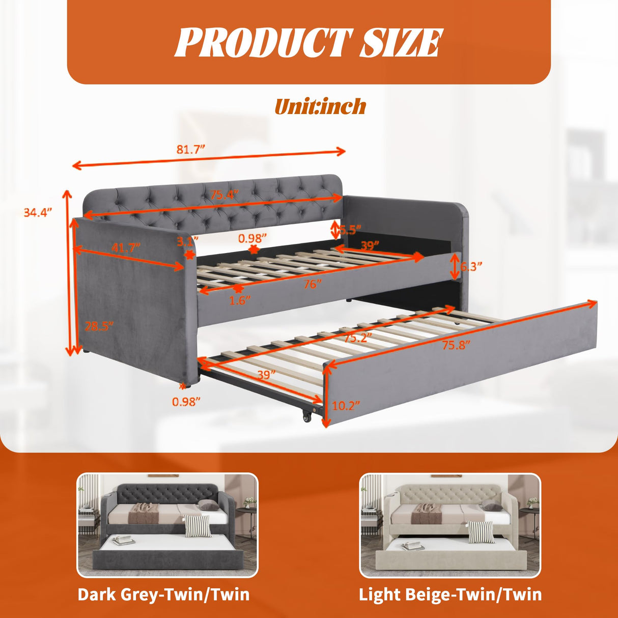 HMYFGD Twin Size Upholstered Velvet Daybed with Trundle and USB Charging Port - Button Tufted Twin Size Sofa Frame, No Box Spring Needed, for Bedroom, Guest Room (Dark Grey, Twin) HMYFGD