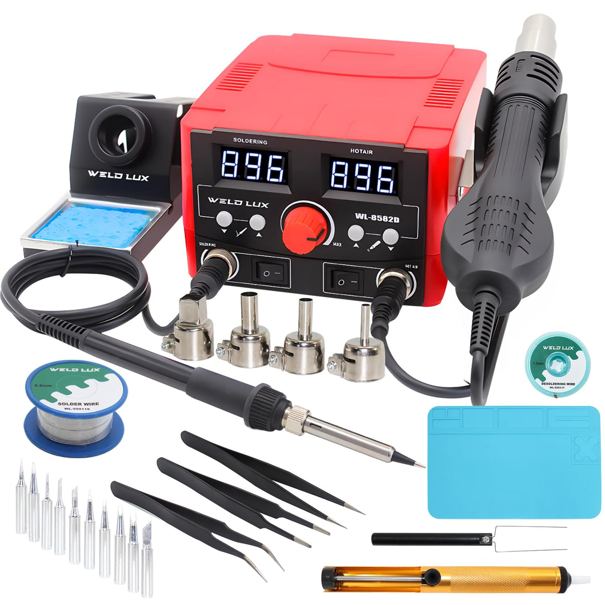 Weld Lux Upgraded 820W 2 IN 1 Hot Air Rework and Soldering Iron Station with °F /°C, Cool/Hot Air Conversion, Digital Temperature Correction and Sleep Function Weld Lux